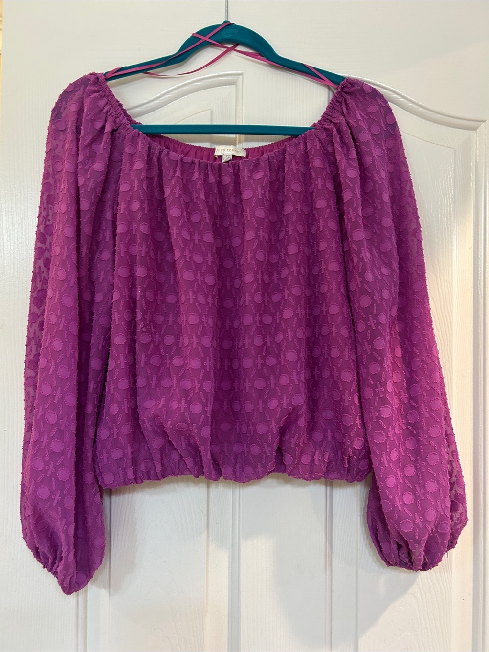Flying Tomato Magenta Off-Shoulder Textured Long Sleeve Top
